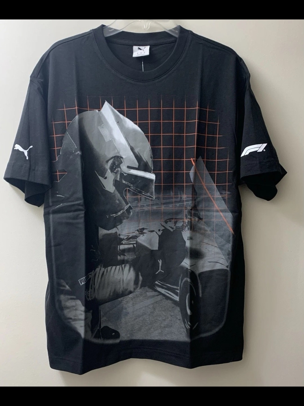 Puma Black Short Sleeve Racing Graphic Tee with Orange Grid